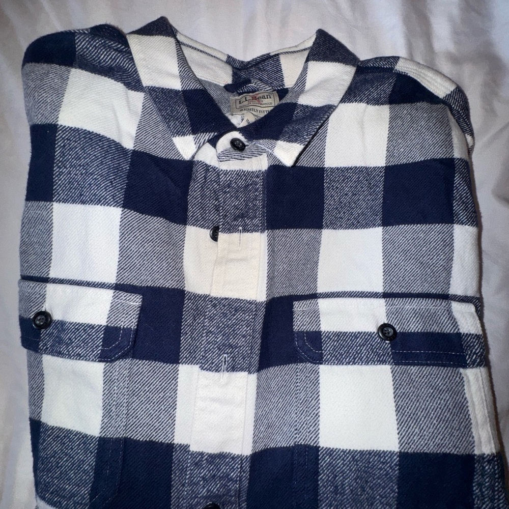 LLBean Blue and White Plaid Button-Up Shirt